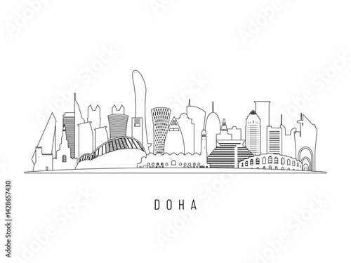 Detailed Doha skyline vector illustration. Doha buildings in line art style, perfect for modern designs.