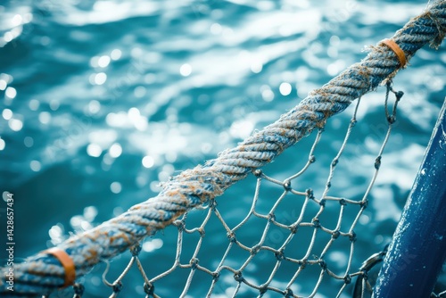 Obraz na płótnie Close-Up of Fishing Net and Rope with Blue Water Background w salonie