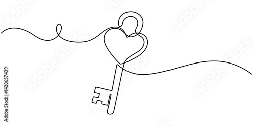 Heart-shaped lock and key in continuous one line drawing. Symbolizing love, trust, and security, Home Sweet Home Cartoon love house line pattern. Home icon or symbol. One continuous line drawing.