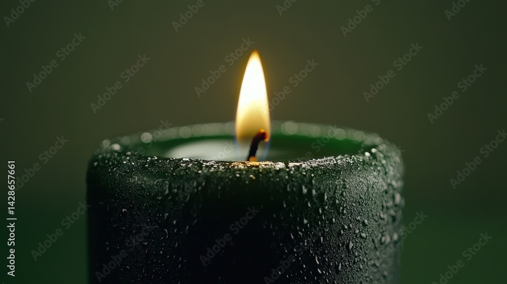 Close-Up of Green Candle with Flame and Water Droplets, Dark Background