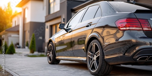 Dark luxury car parked on driveway of a modern home on a sunny day