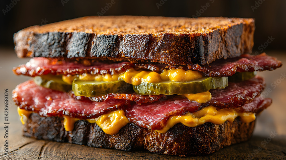 Hot pastrami sandwich with mustard and pickles served on rye bread
