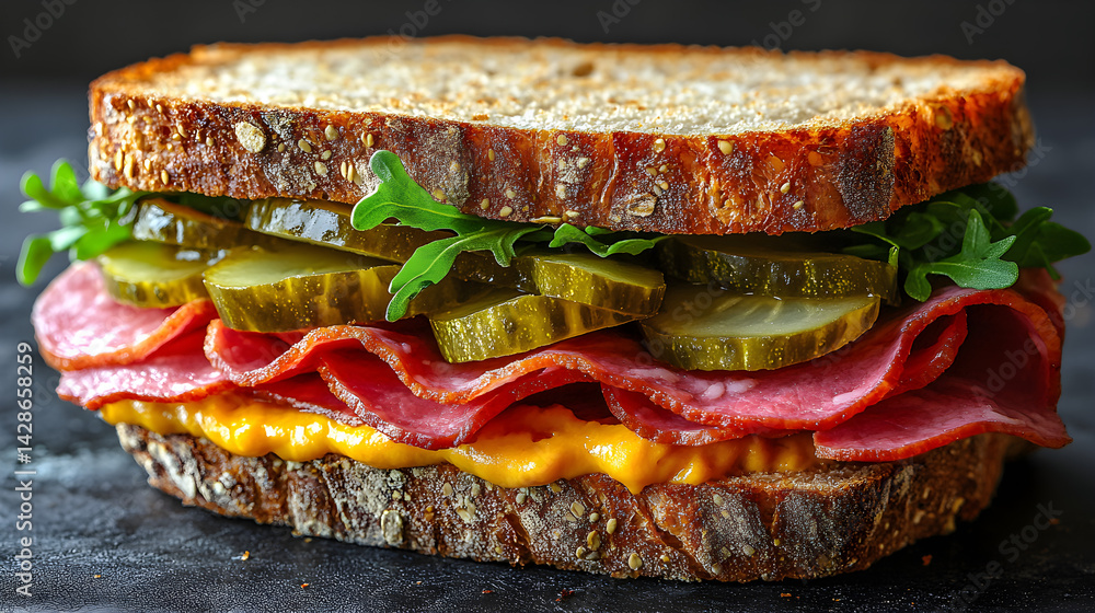 Hot pastrami sandwich with mustard and pickles served on rye bread