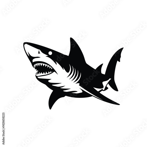 Black and white shark silhouette vector illustration with sharp teeth and aggressive expression for marine wildlife and predator themes
