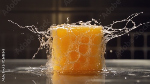 Obraz na płótnie Close-Up of Soap Cube with Bubbles and Water Splash Effect w salonie