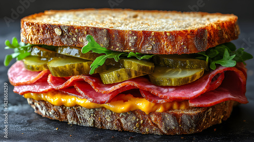 Obraz na płótnie Hot pastrami sandwich with mustard and pickles served on rye bread w salonie