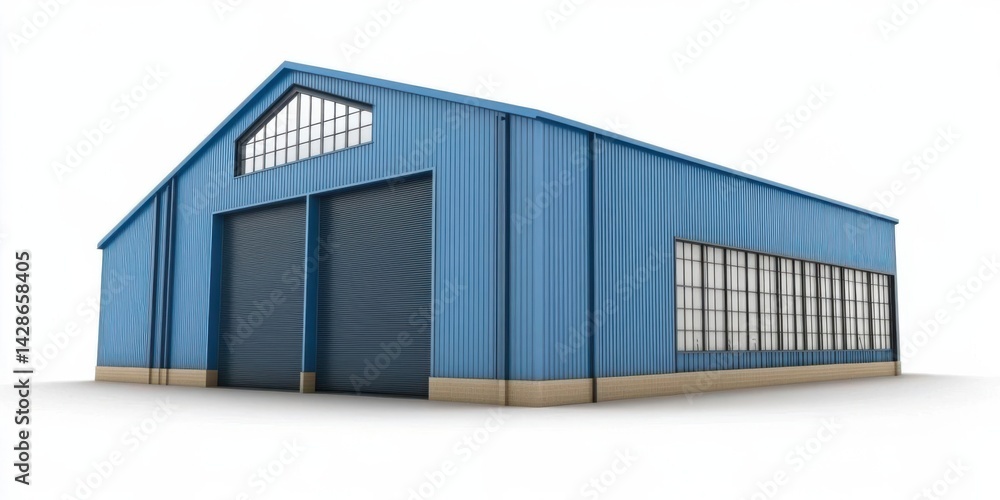Fototapeta premium Blue industrial warehouse with large doors and windows, set against a simple background