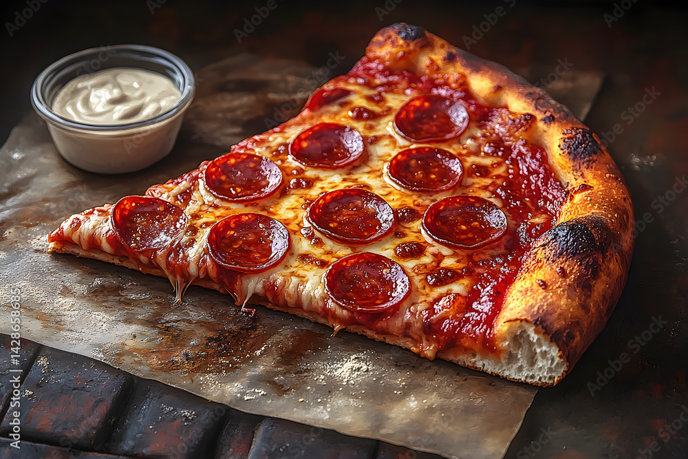 Hot pepperoni pizza served with a side of garlic dipping sauce