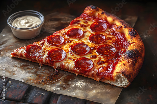 Obraz na płótnie Hot pepperoni pizza served with a side of garlic dipping sauce w salonie