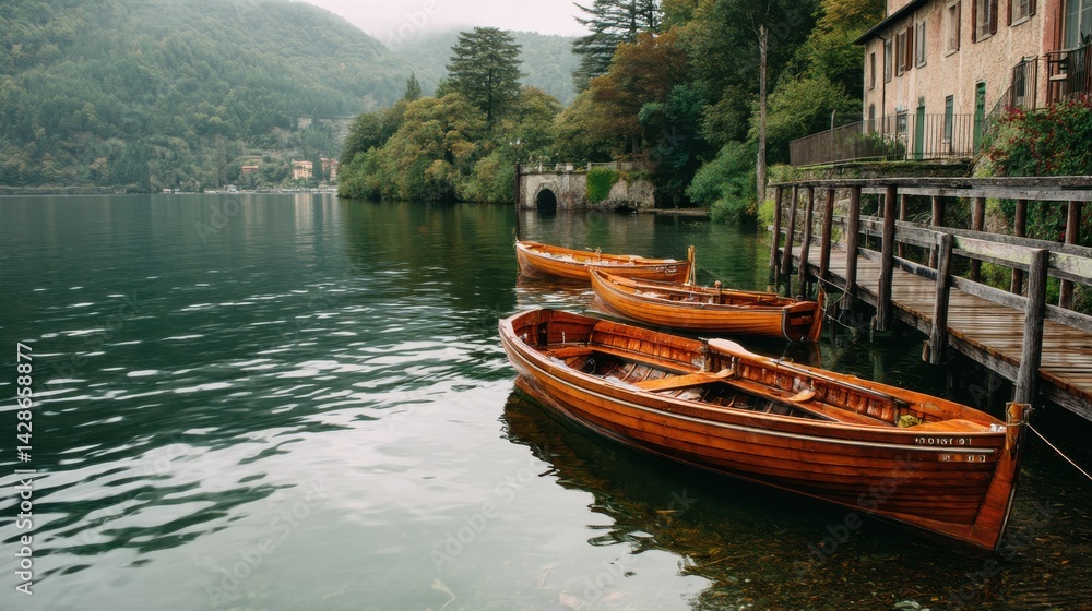 Fototapeta premium A stunning image of serene Lakeside Scenery with Wooden Boats.