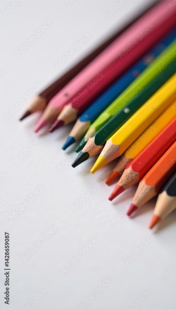 Close up of vibrant color pencils arranged in zigzag formation, sharp, creativity Close up of vibrant color pencils arranged in zigzag formation, sharp, creativity
