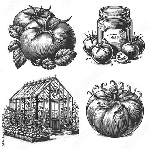 tomato, canned tomatoes, greenhouse garden illustration Set collection bundle sketch engraving generative ai vector illustration. Scratch board imitation. Black and white image.