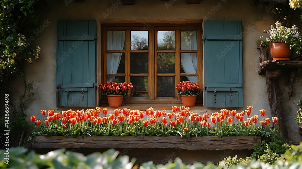 Rustic Window With Blue Shutters And Tulip Display Photo Rustic Window With Blue Shutters And Tulip Display Photo