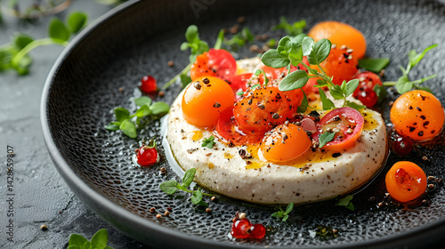Hummus with Pita served on dark grey textured plate with fresh garnish top view