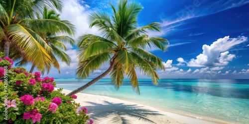Fototapeta Naklejka Na Ścianę i Meble -  Palm trees swaying gently in the ocean breeze on a tropical beach in Maldives, island resort, tropical flowers