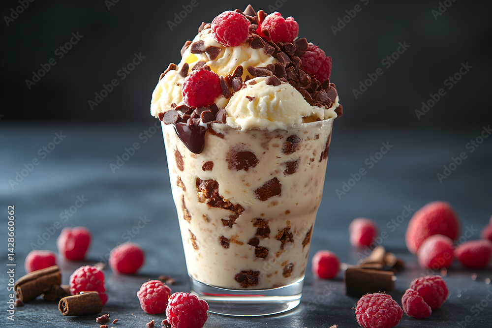 Ice Cream Sundae styled on dark grey background with clean plating and props