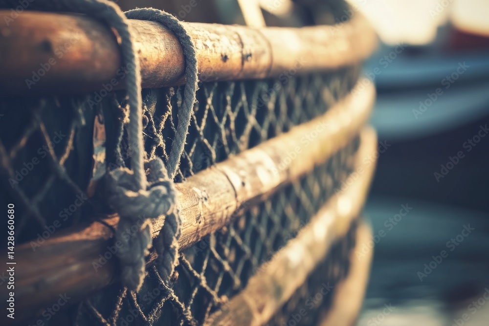 Close-Up of Wooden Fishing Boat Detail with Rope and Netting