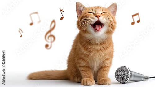 Happy Orange Cat Singing with Microphone Surrounded by Musical Notes in a Playful Setting
