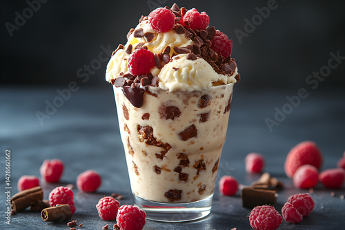 Obraz na płótnie Ice Cream Sundae styled on dark grey background with clean plating and props w salonie
