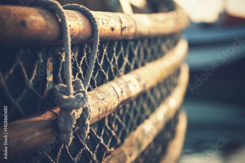 Obraz na płótnie Close-Up of Wooden Fishing Boat Detail with Rope and Netting w salonie