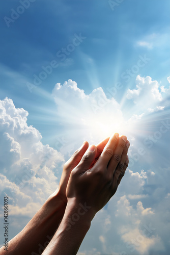African american close-up praying hands silhouette with bright sun, blue sky and white clouds on background, vertical. Concept of praying to God
