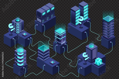 3d isometric concept big data center with server. Cloud computing. Network mainframe infrastructure. Isometric high technology concept