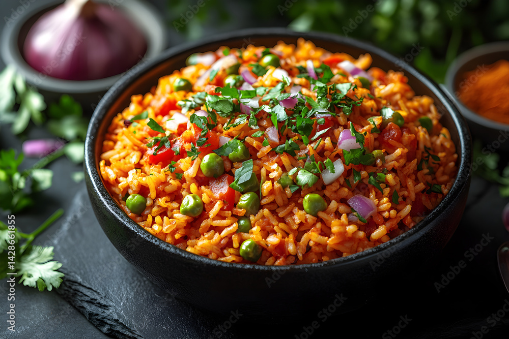 Jollof Rice styled on rustic black stone table with side ingredients