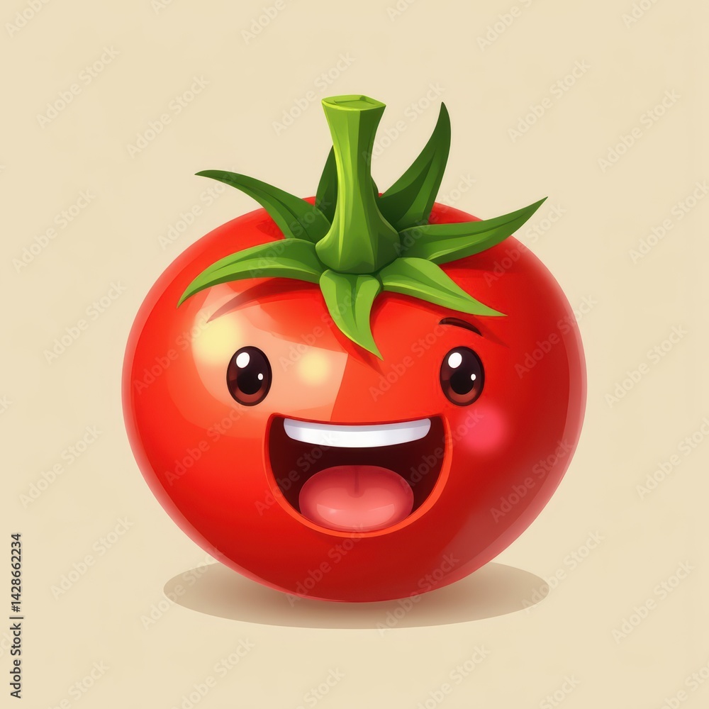 Bright and cheerful cartoon tomato with a big smile and vibrant green leaves in a playful setting Generative AI Bright and cheerful cartoon tomato with a big smile and vibrant green leaves in a playful setting Generative AI