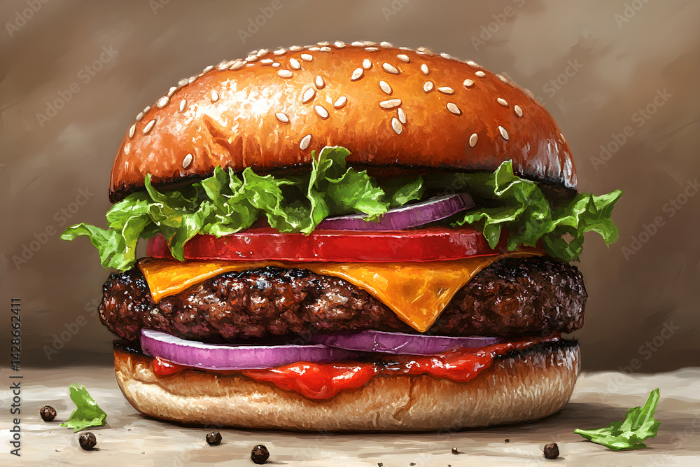 Juicy cheeseburger with lettuce, tomato, and onion on a sesame bun