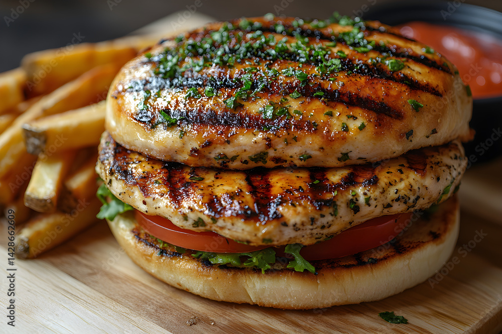 Juicy grilled chicken sandwich served with a side of fries