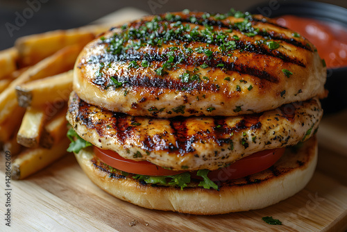 Obraz na płótnie Juicy grilled chicken sandwich served with a side of fries w salonie