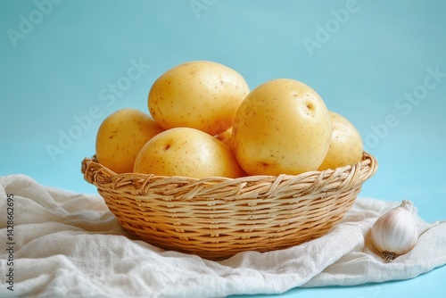 A cluster of fresh, yellow potatoes resting in a woven basket.