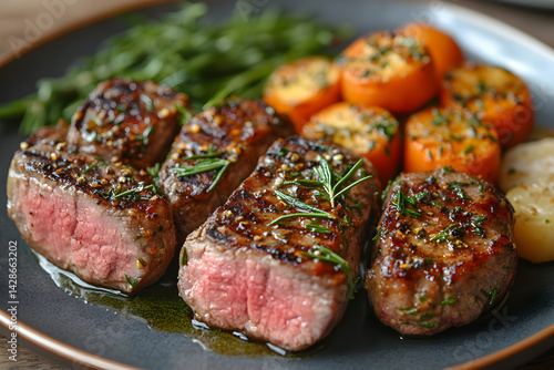 Obraz na płótnie Juicy lamb chops with rosemary and garlic served with a side of vegetables w salonie