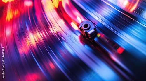 Colorful Abstract Motion of Vinyl Record and Turntable at Night