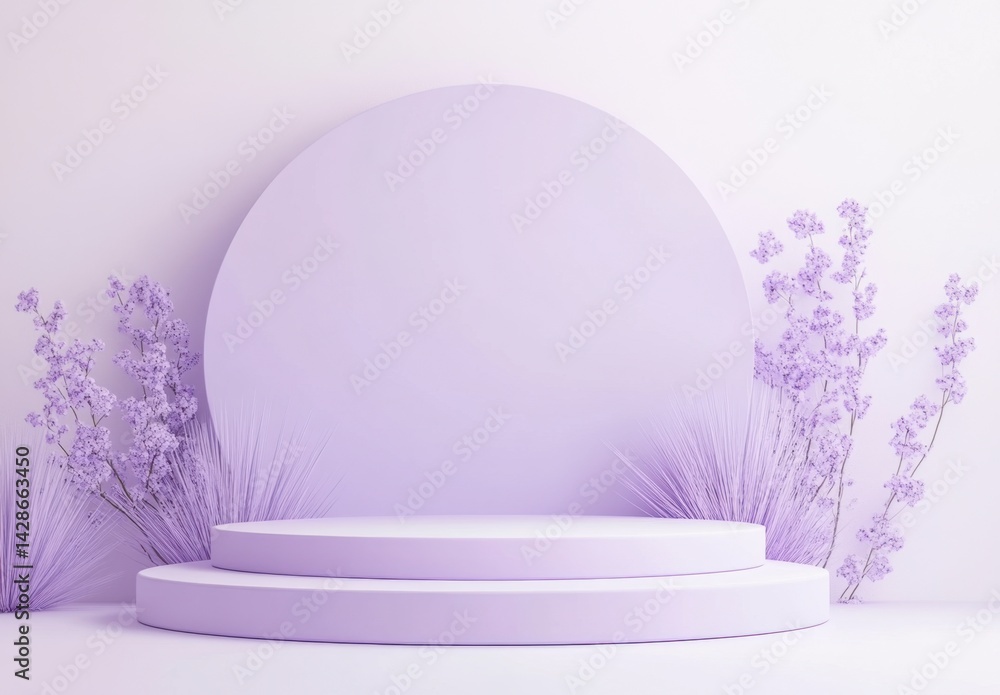 Elegant Lavender Display with Soft Floral Arrangements and Circles Elegant Lavender Display with Soft Floral Arrangements and Circles