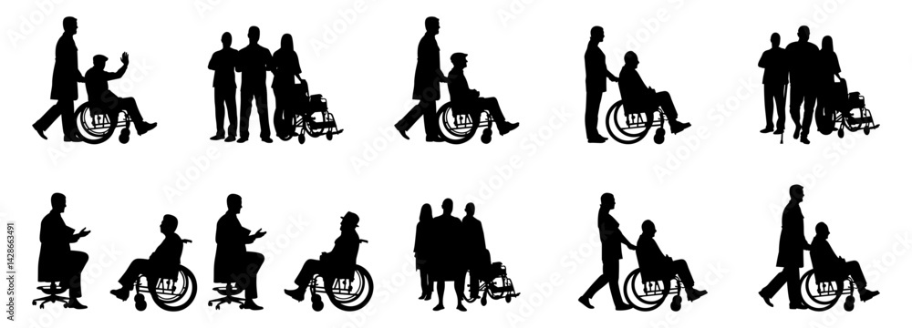 Fototapeta premium Insieme di illustrazioni vettoriali di anziani seduti su sedia a rotelle