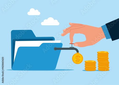 Folder with money. Financial investments. Dollar coins out of the tap. Flat vector illustration  
