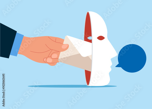 Dishonest businessman with envelope hiding behind disguise mask pretend to lying. Lies, fraud or fake, business cheating. Flat vector illustration.