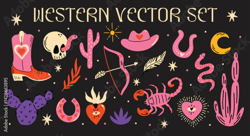 Western cowboy or cowgirl vector sticker elements set. Collection of cute groovy funky hippie cartoon illustration of boots, horseshoe, snake, skull, moon, sun, desert cactus, scorpion 