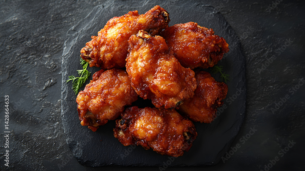 Korean Fried Chicken presented on a black textured surface with elegant side garnishing