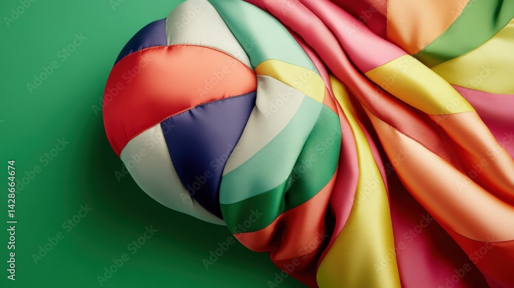 Colorful Fabric and Ball Composition on Vibrant Green Background