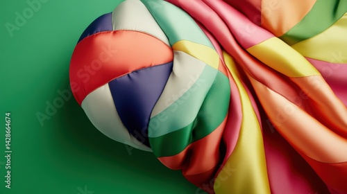 Obraz na płótnie Colorful Fabric and Ball Composition on Vibrant Green Background w salonie