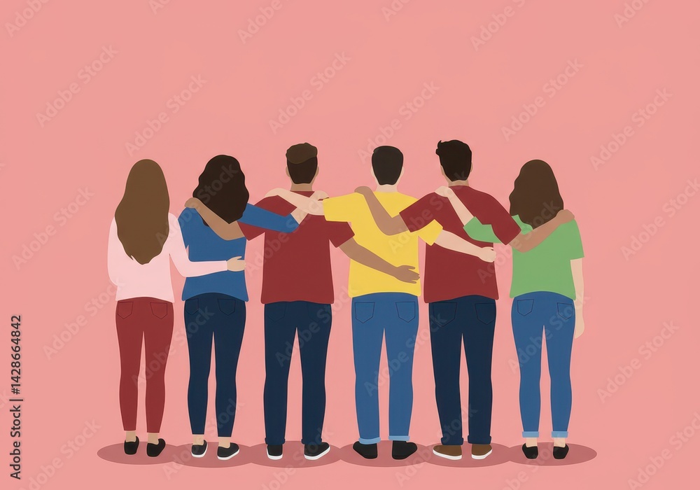Obraz premium Flat-style illustration of six diverse friends standing with arms around shoulders, symbolizing unity and support