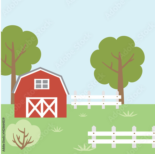 Simple Farm Scene with Barn and Trees