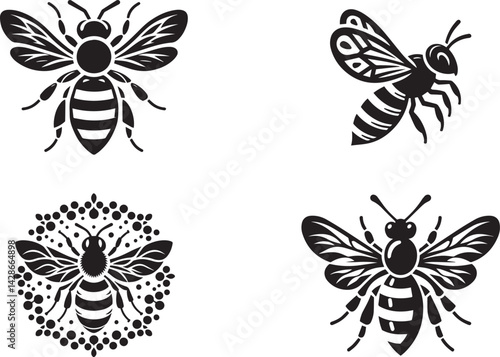 Collection of stylized bee logos and silhouette in black and white