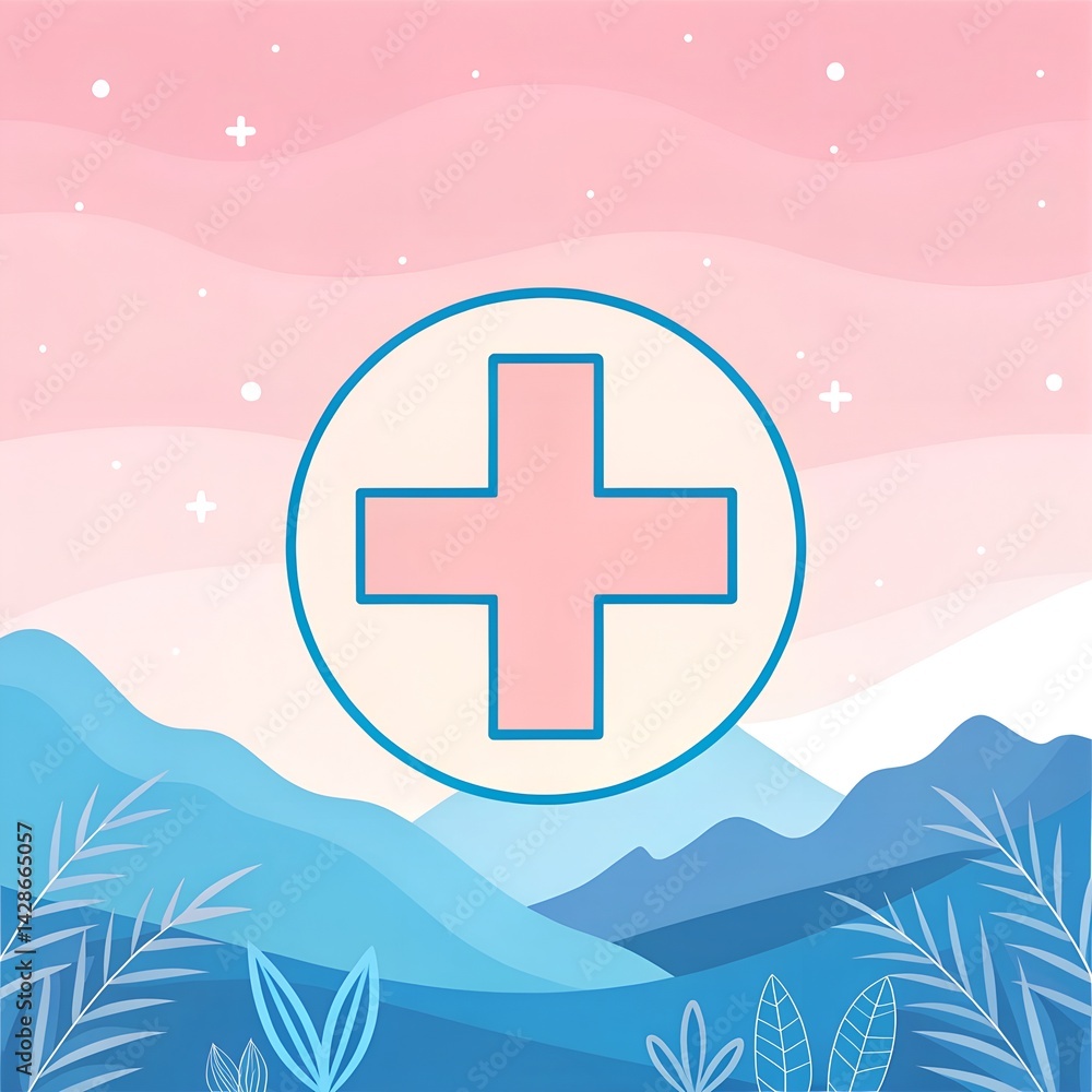 Fototapeta premium Medical cross symbol over a soft nature-inspired pastel landscape. Concept of holistic healing, wellness and natural remedies.