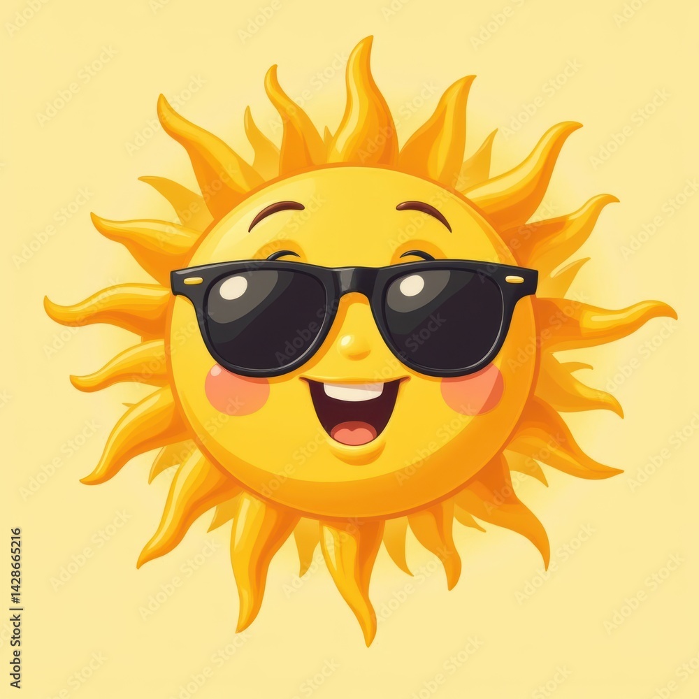 Joyful sun character wearing sunglasses radiates positivity and warmth on a bright yellow background, evoking summertime vibes Generative AI Joyful sun character wearing sunglasses radiates positivity and warmth on a bright yellow background, evoking summertime vibes Generative AI
