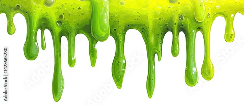 Bright green goo dripping down on white background.
