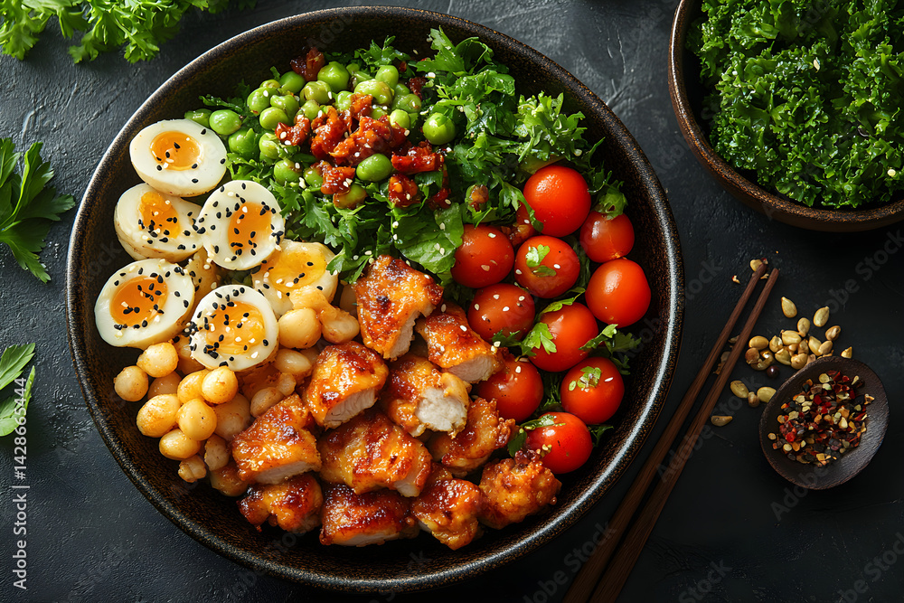 Korean Fried Chicken styled on dark grey background with clean plating and props