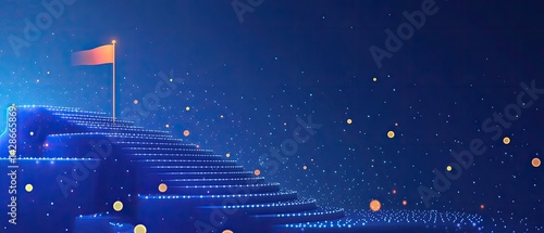 Abstract blue stairway leading to an orange flag on a dark blue background with glowing lights.